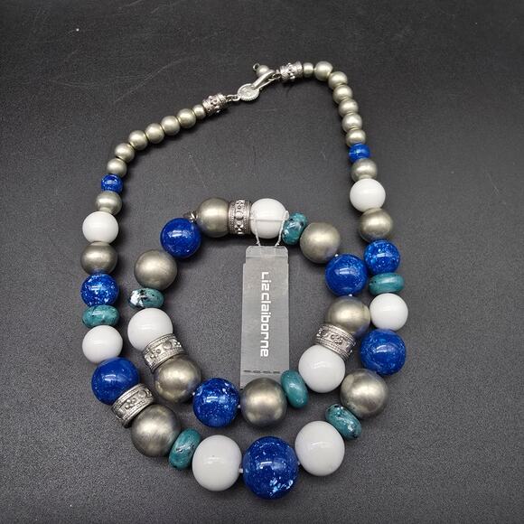 Liz Claiborne Blue Silver Tone Beaded Necklace Bracelet Set Vintage With Tag - Picture 2 of 10